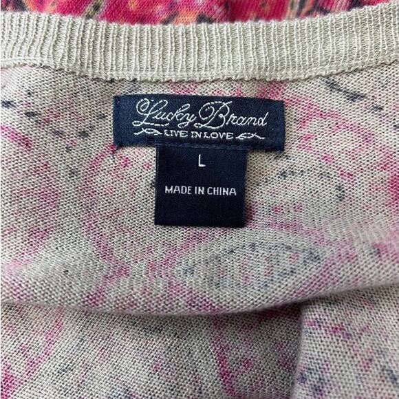 Lucky Brand Womens Long Sleeve Button-Up Cardigan Sweater L Red Pink Paisley Cot - Picture 4 of 8